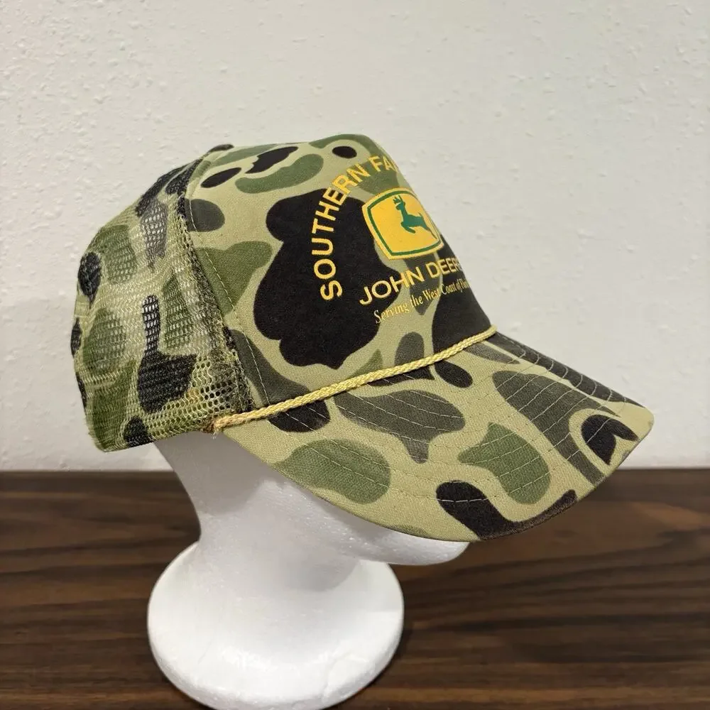 Vintage John‎ Deere Camo Hat Cap with Deer Logo Rope Southern Farm Supply Mesh